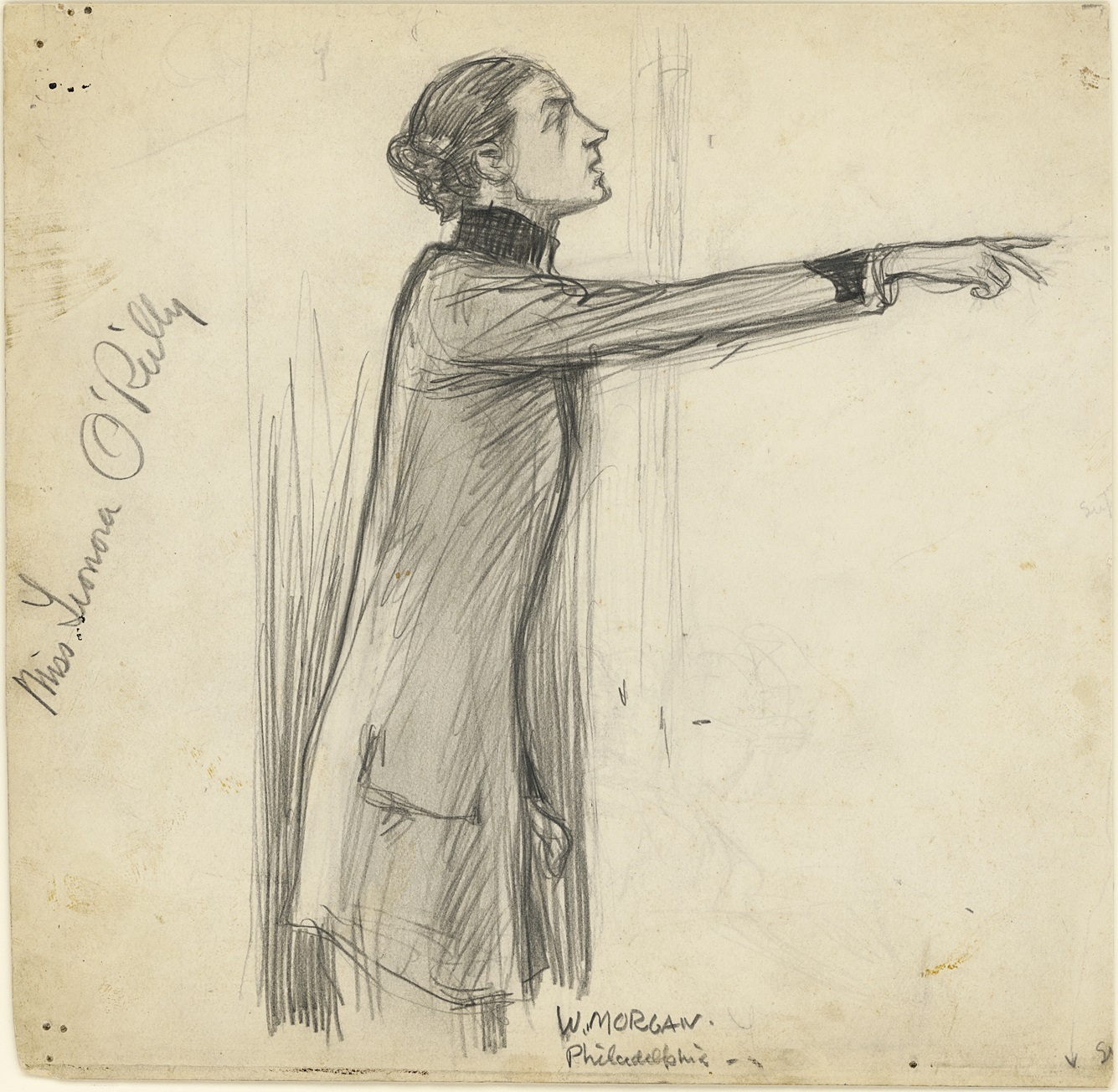 A graphite drawing of a person in profile pointing to the right