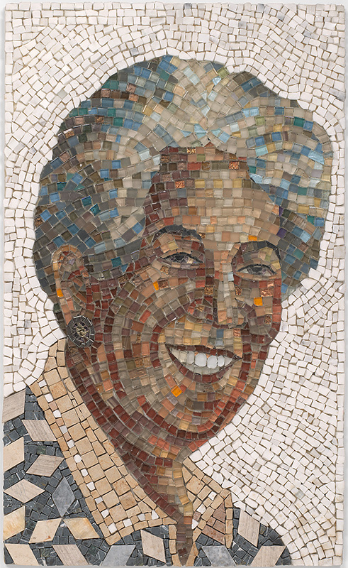 Bust length mosaic portrait of a Latinx woman with gray hair
