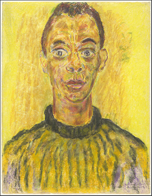 bust length portrait of a Black man painted in vibrant yellow