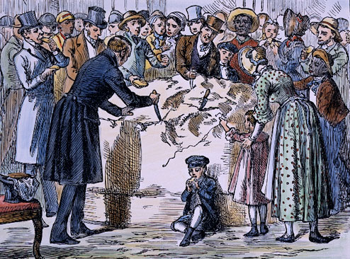 People in nineteenth century attire cutting into a large wheel of cheese