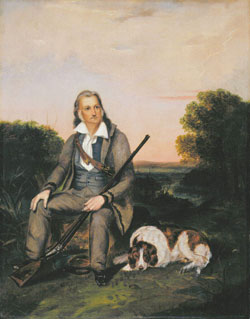 Painted portrait of John J. Audubon with rifle and dog
