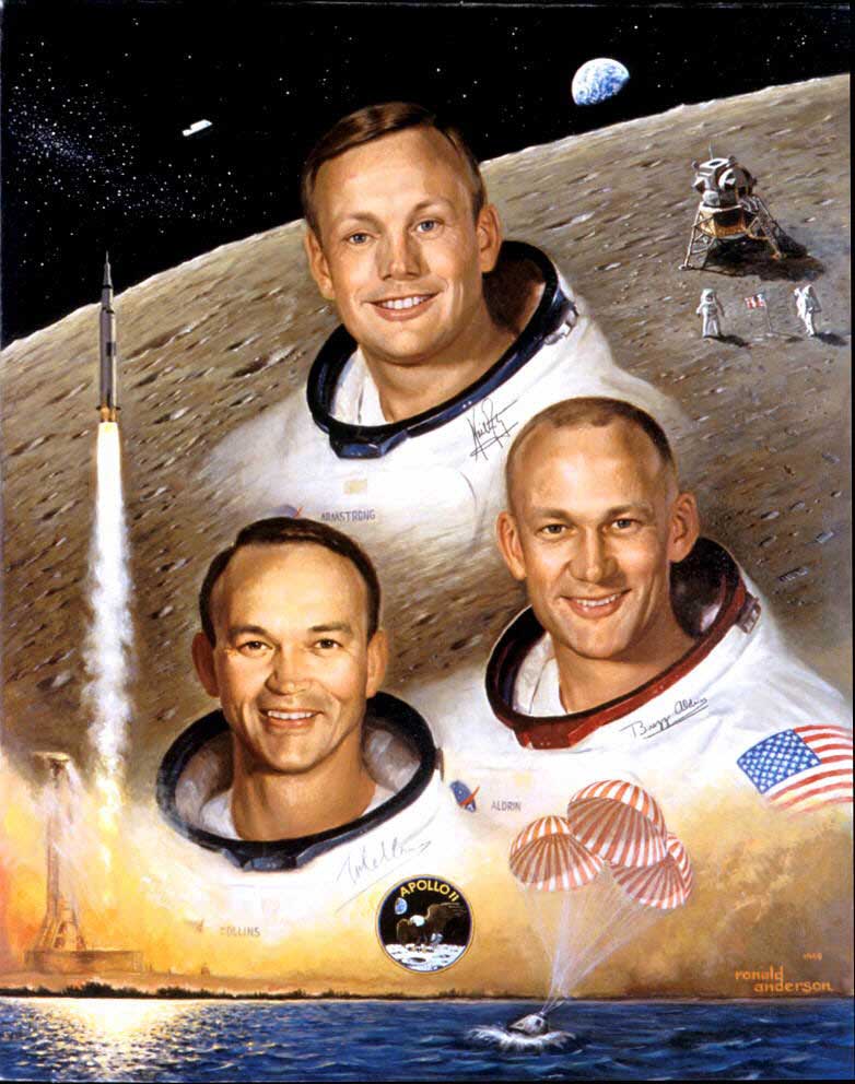 Painted portrait of Armstrong, Buzz Aldrin and Michael Collins wearing their space suits (without helmets) and the moon and rockets in background