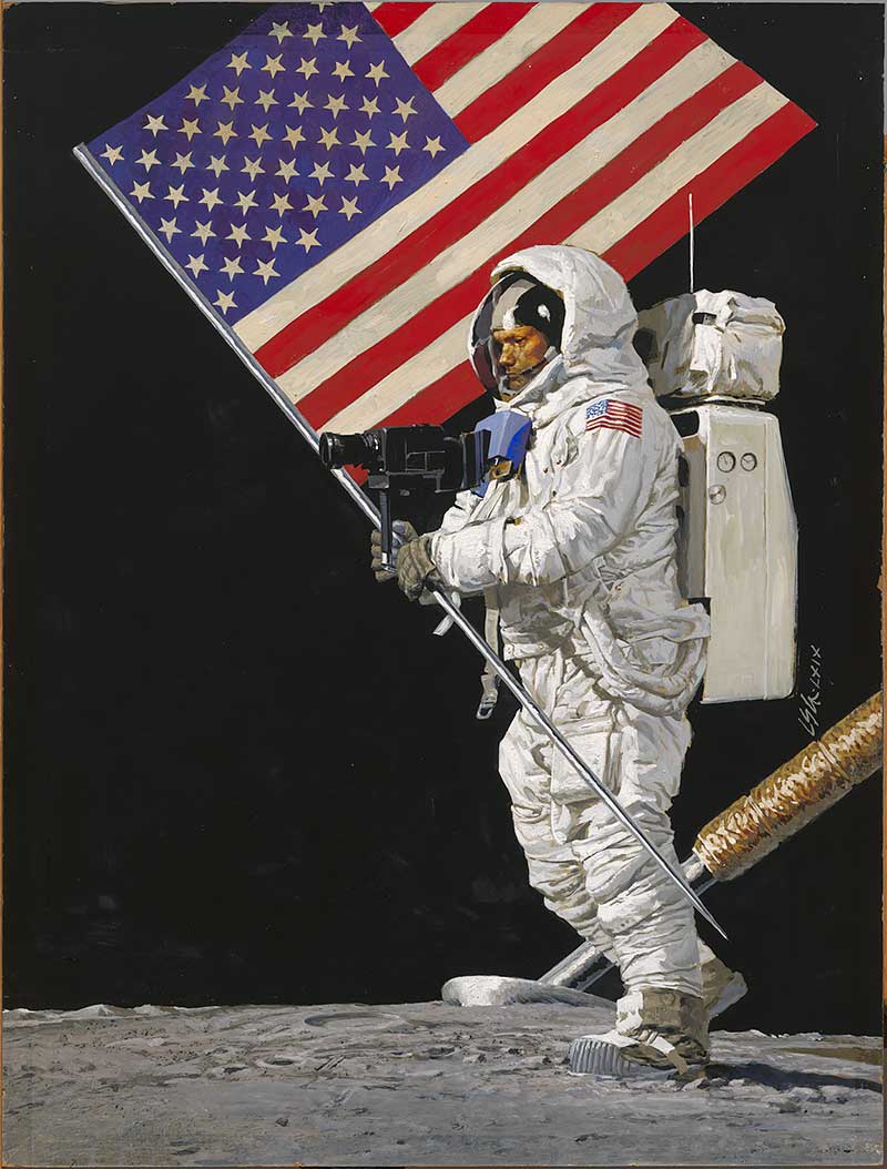 Painted portrait of Neil Armstrong carrying flag on the moon