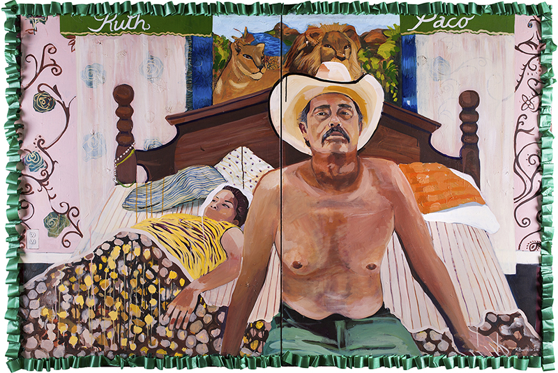 painting of a shirtless man in a cowboy hat sitting on a bed