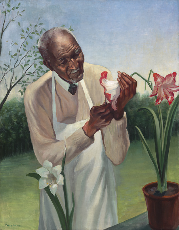 Black man in a pink shirt and white apron studying a flower