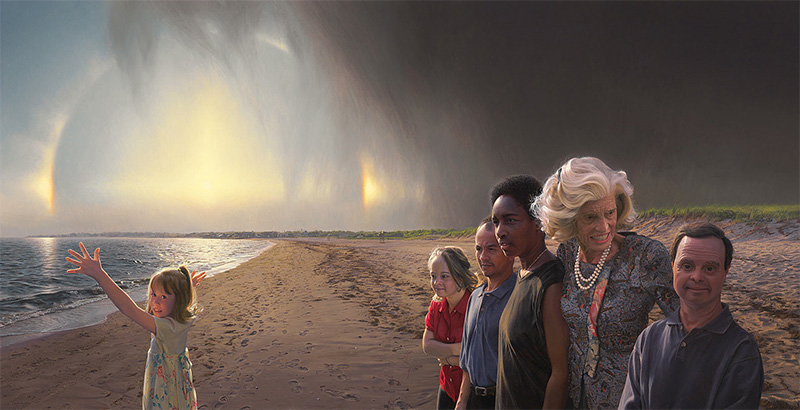 White woman with gray hair standing on a beach with special needs children