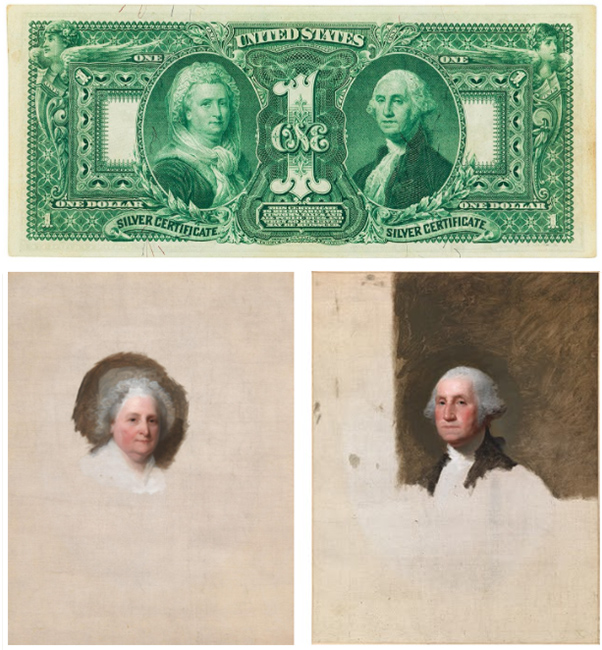 portraits of George and Martha Washington and the banknotes that featured the portraits