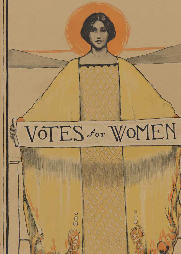 Poster of a woman in a robe holding a Votes for Women banner