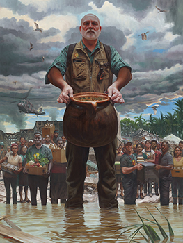 Painting of a man standing in floodwaters holding a large cauldron of food