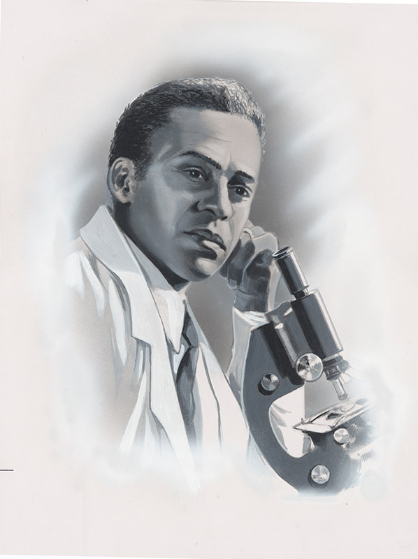 black and white watercolor of an African American man with a microscope