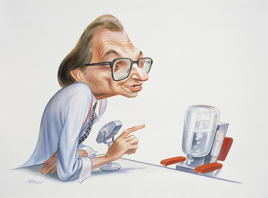 man in glasses interviewing a water cooler