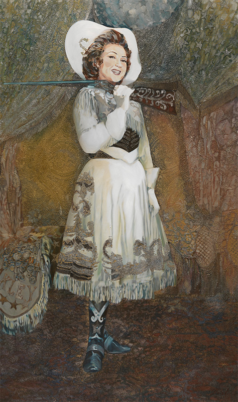 full length portrait of a woman in a white cowgirl costume holding a rifle