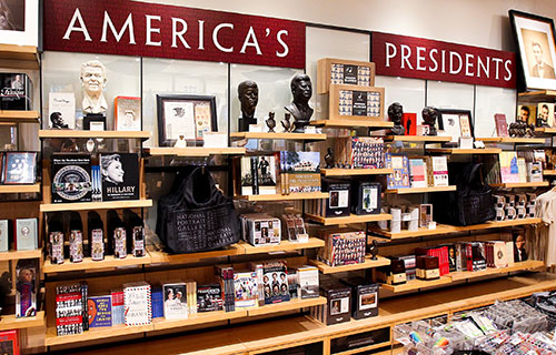 Museum store, view of presidents books and mugs