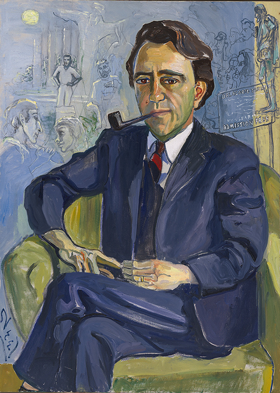 knee length painting of a seated man in a blue suit