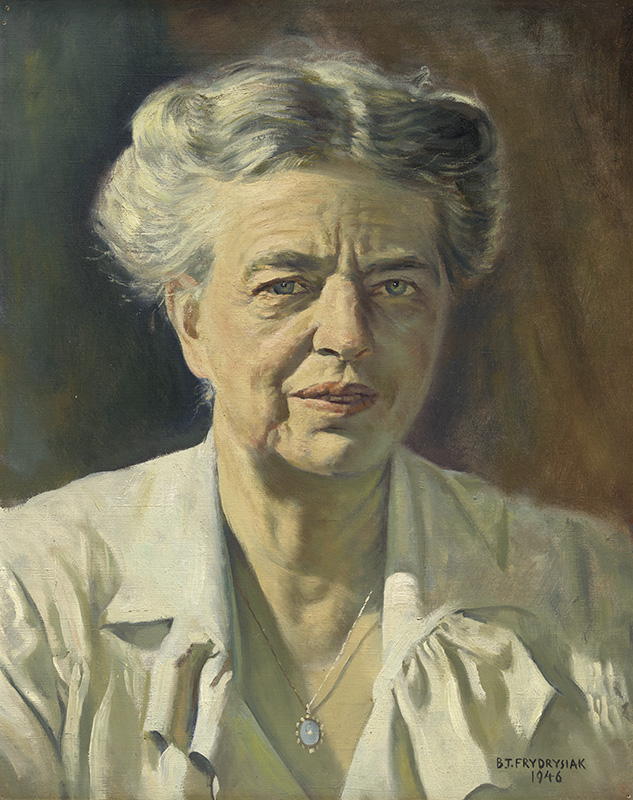 bust length portrait of a White woman in a ruffled blouse