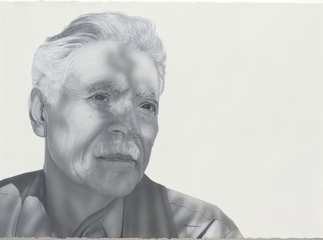 black and white portrait of a man with gray hair and a moustache