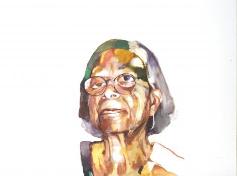 A watercolor painting of a woman wearing glasses