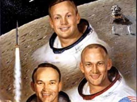 Painted Portrait of Apollo 11 Crew, in space suits (without helmets) and moon in background