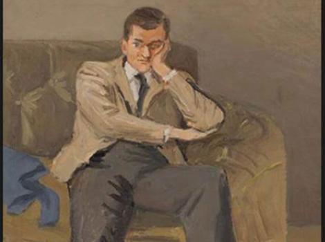 Painted portrait of John Ashbery in tan suit and slouching in chair
