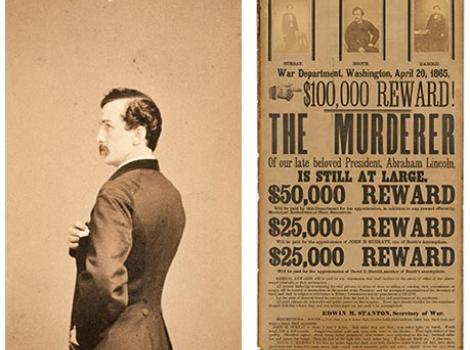 Photograph portrait of John Wilks Booth and poster readeing "$100,000 Dollar Reward"
