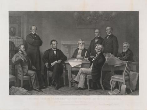 A print of men sitting around a table surrounded by books and paper