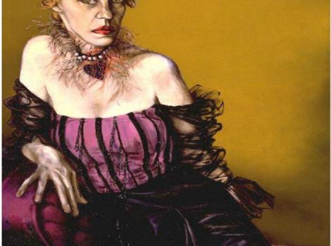 Portrait of Lotte Lenya, woman in purple dress