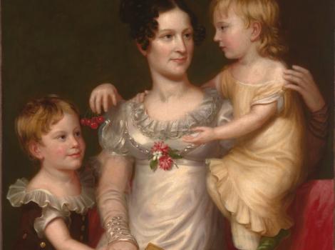 A painted portrait of a woman holding and interacting with two children