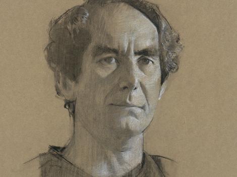A black and white sketch of a man on dark paper
