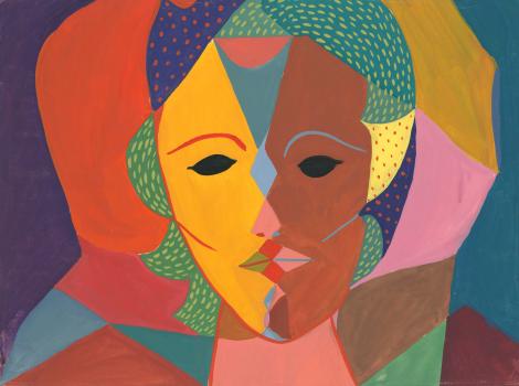 A geometric portrait of a woman with two faces
