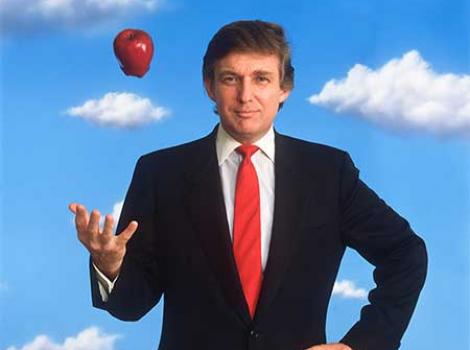 Photograph portrait of Donald Trump in a suit and tossing an apple in the air.  The background is blue sky with clouds.