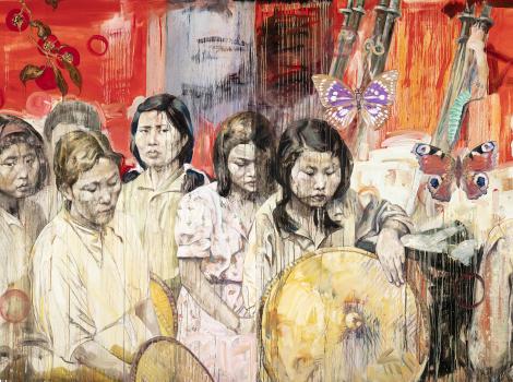 colorful painting of a group of young Asian women