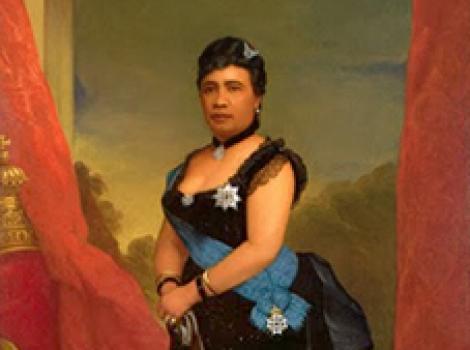Full length painting of a Hawaiian queen in full regalia