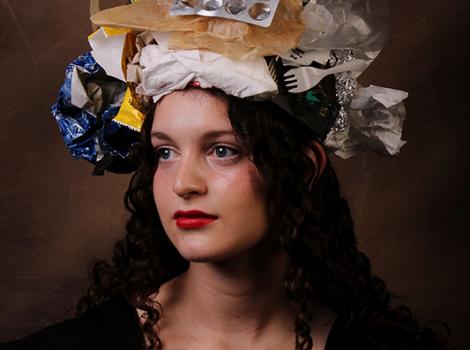 Young woman with a hat constructed of trash