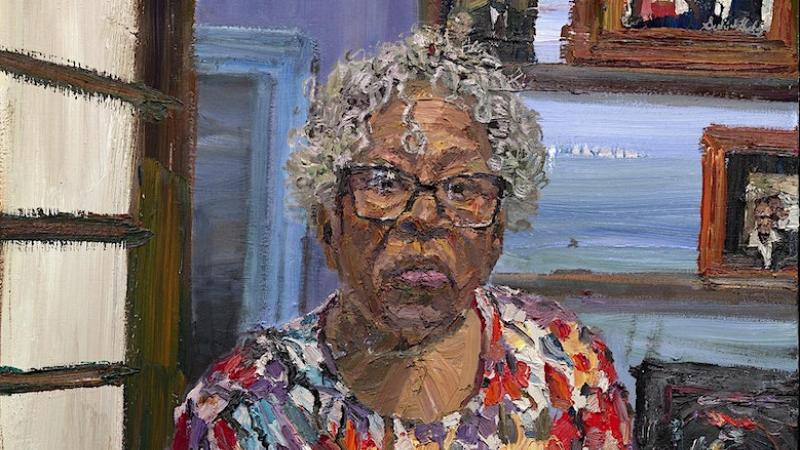 painting of an older Black woman in a brightly patterned dress