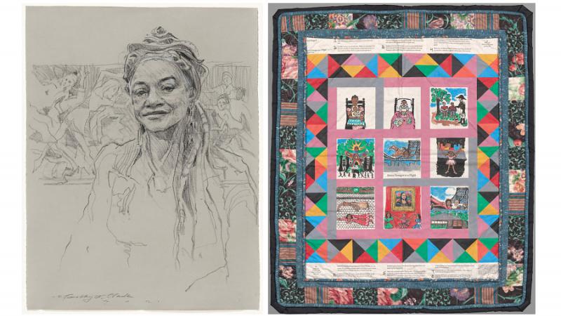 drawing of a woman and a colorful quilt