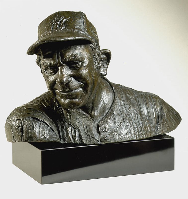 sculpted bronze bust portrait of a baseball player
